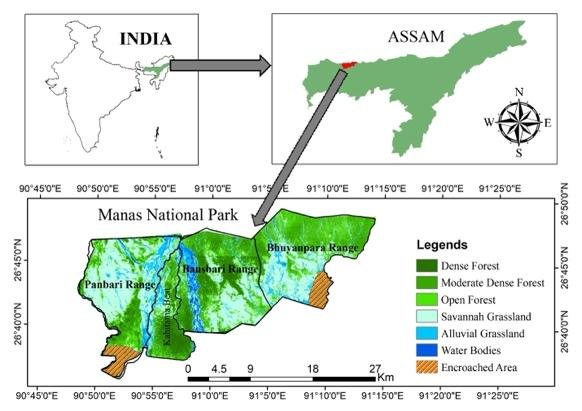 Map of Manas National Park in Assam, India.