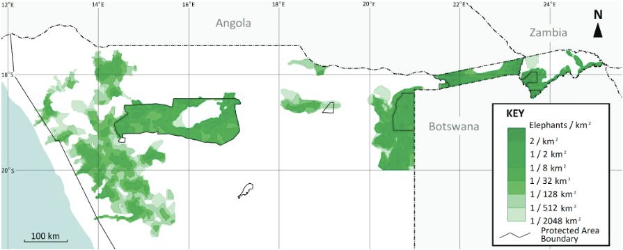 Elephant Distribution and density in Namibia showing both the Etosha and north-west populations in the west of the country (Craig et al. 2021).