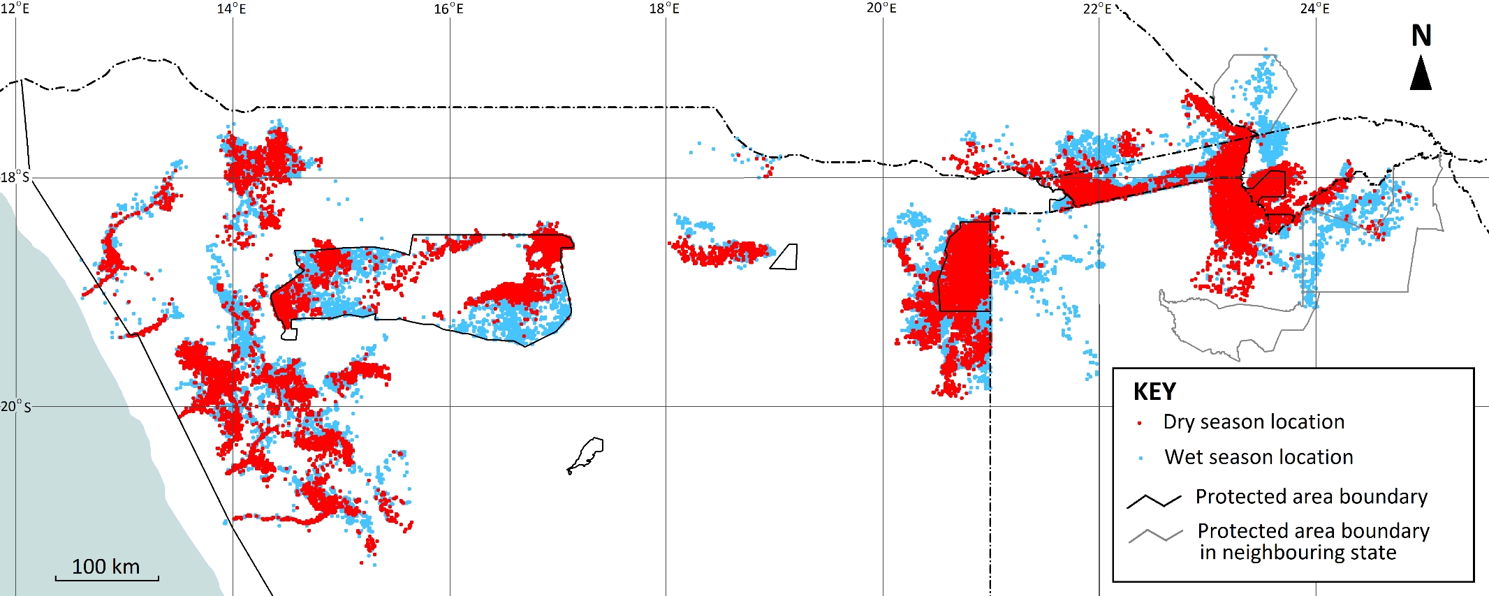 Seasonal Distribution: dry (red dots) overlaid on wet (blue dots) sightings.